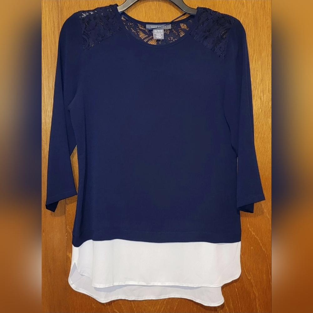 Navy Blue Elegant HighLow Blouse with Shoulder Lace XS NWOT